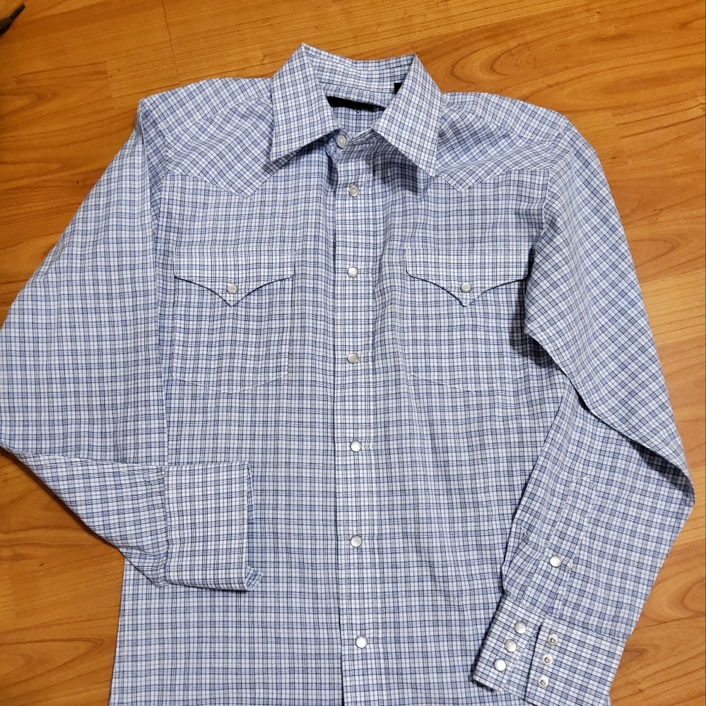 Panhandle Pearl Snap Western Shirt.  NWOT New  Size 14 1/2 Small Blue Plaid